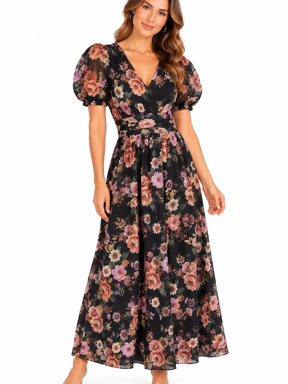 Baltic Born Black Floral Puff-Sleeve Maxi Dress